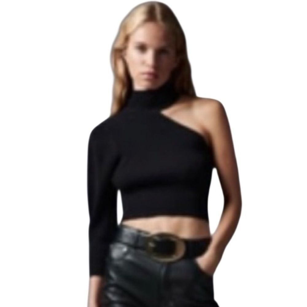 Zara Black Ribbed One Shoulder Turtle Neck asymmetric top Size Large